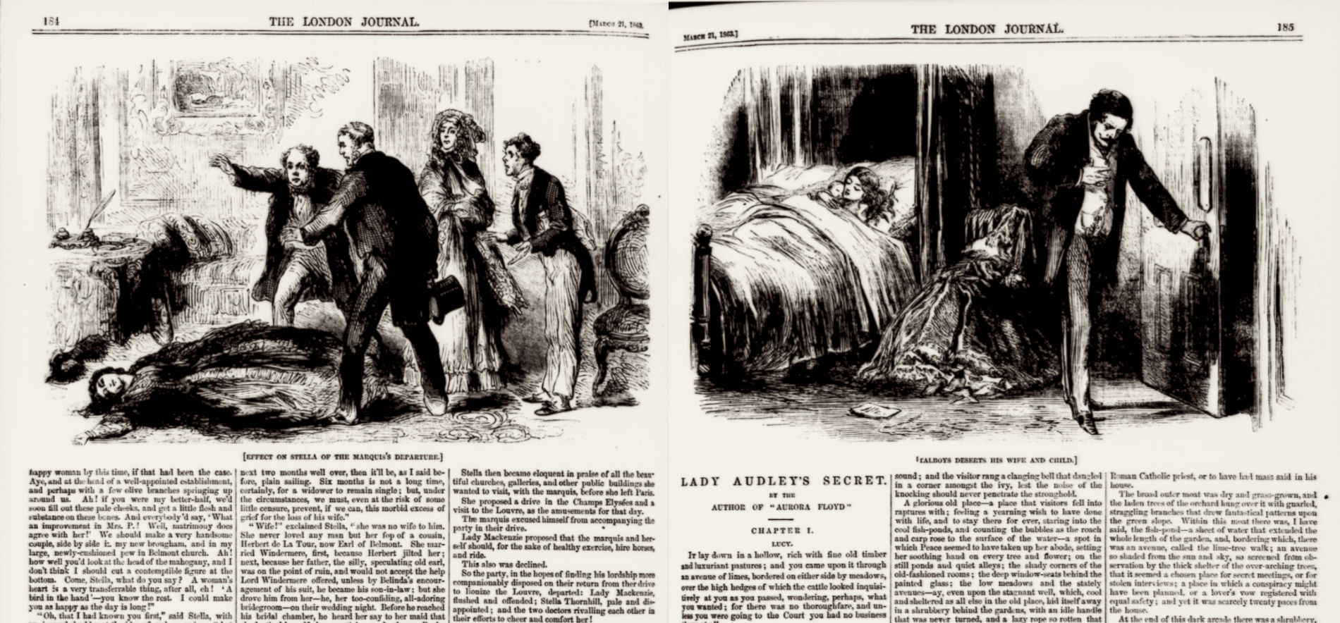Ajoining frontispieces for The Woman in Black and Lady Audley's Secret